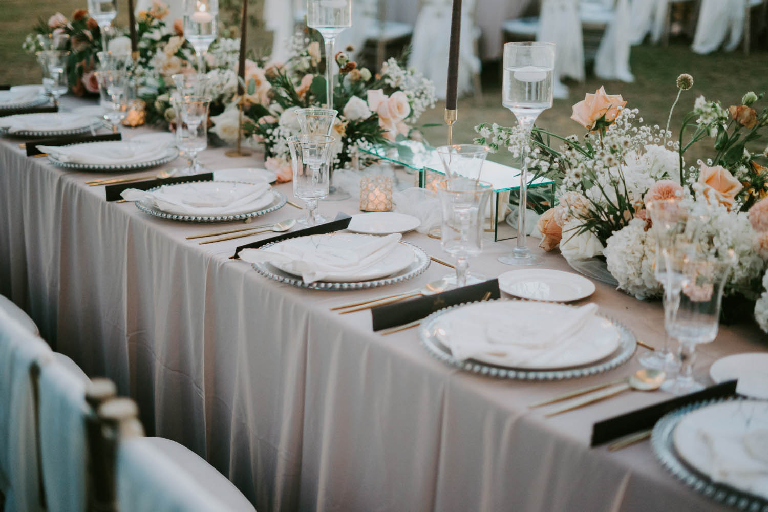 Decorated table setting at wedding celebration